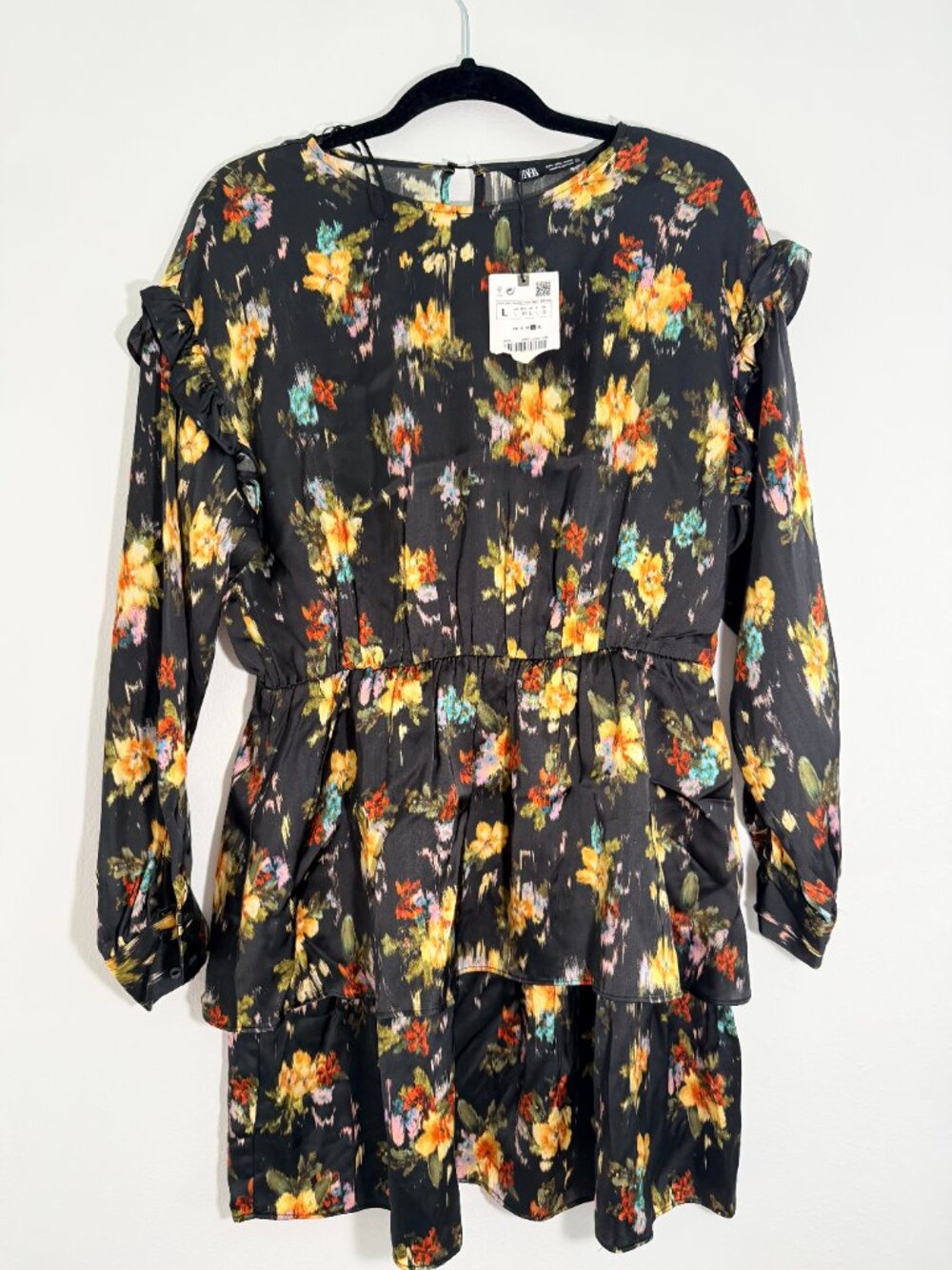 Zara Black Floral Ruffle Tiered Mini Dress Long Sleeve Boho Cottagecore Size L - Picture 2 of 6